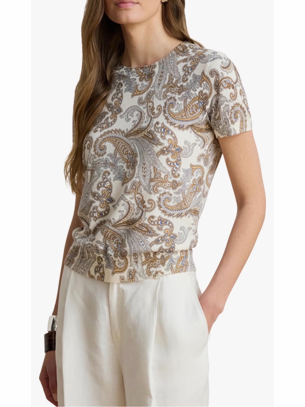 Ralph Lauren Cream Paisley Short-Sleeve Knit Top